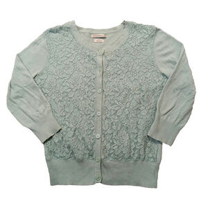 Van Heusen Cardigan Sweater S Women's Studio Lace Front Long Sleeve Green Cotton